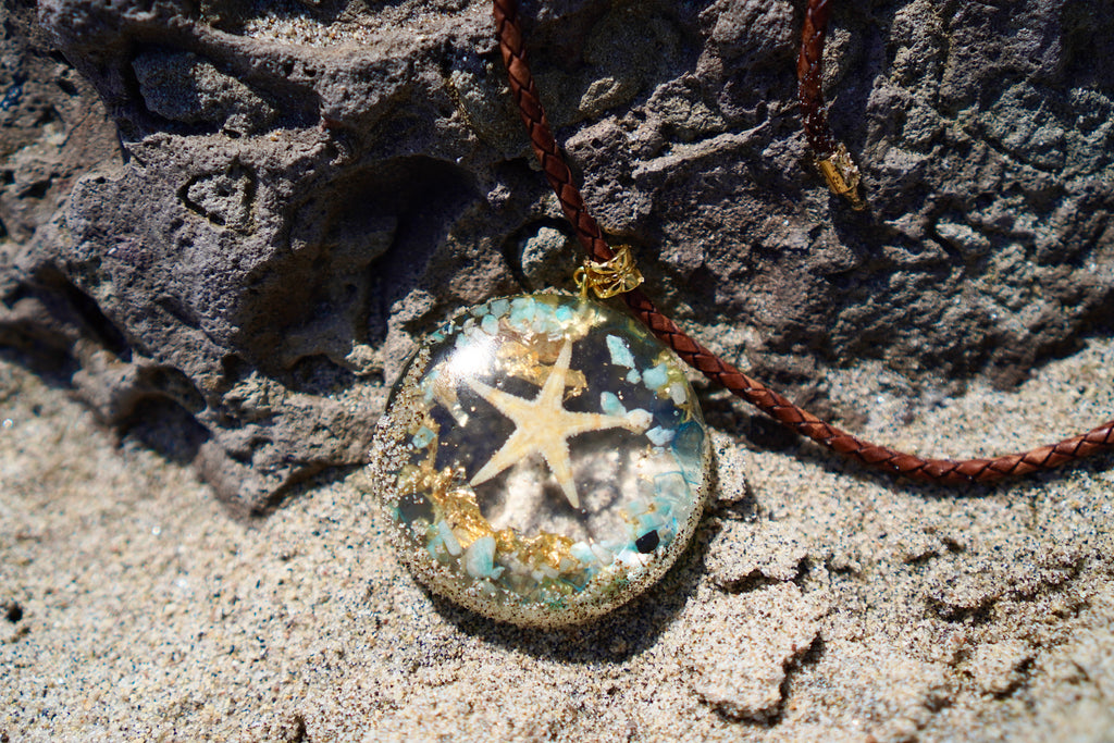AQUAMARINE & AMAZONITE STARFISH RESIN PENDANT